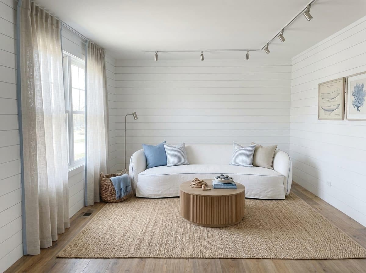 The same room restyled as Coastal Hamptons