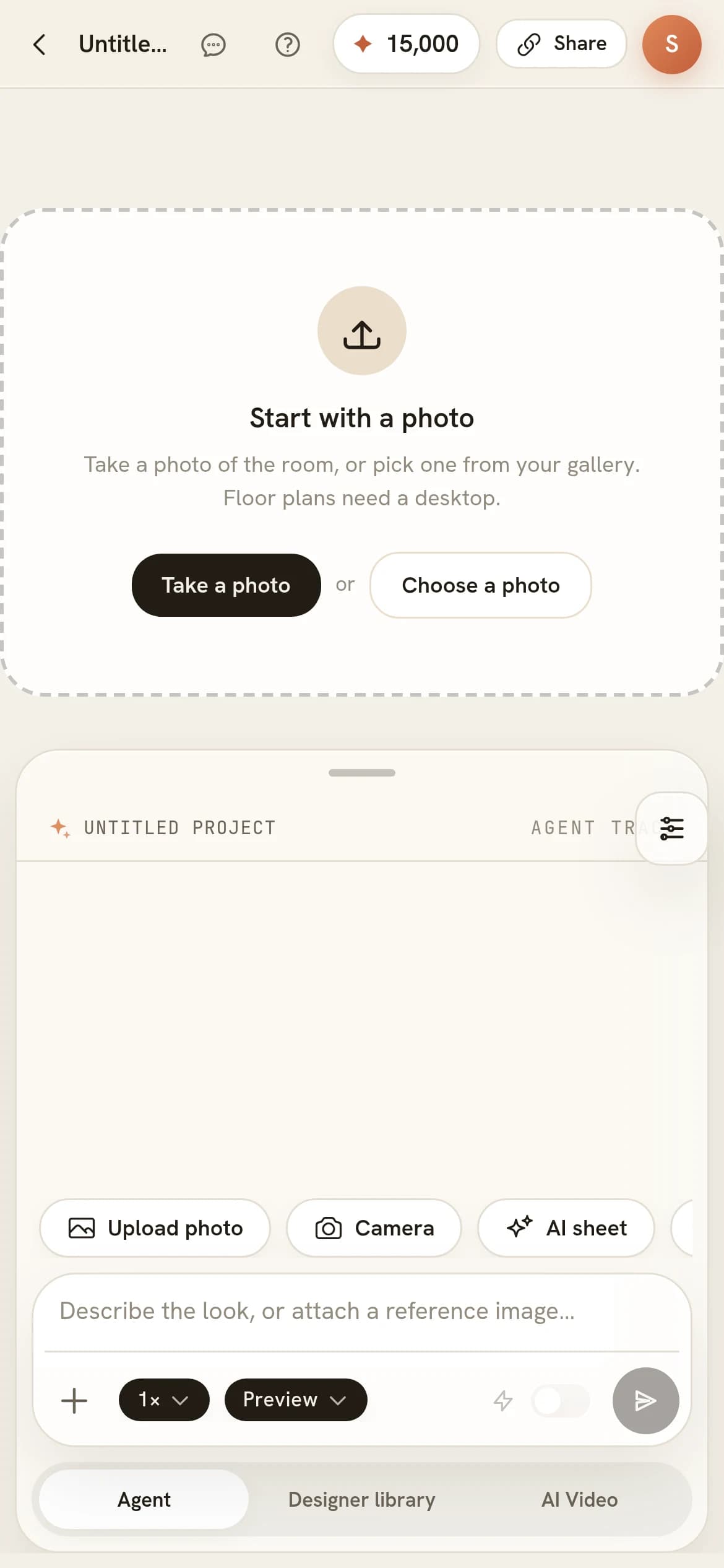 A new project on a phone: a dashed Start with a photo card offering Take a photo or Choose a photo above a note that floor plans need a desktop, and below it the panel risen from the bottom edge with its drag handle, an empty Untitled project thread, a scrollable pill row reading Upload photo, Camera and AI sheet, the prompt box, and the Agent, Designer library and AI Video tabs along its foot.