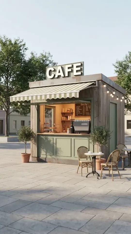 The same kiosk open for trade under its CAFE sign and striped awning, the hatch open onto a warm-lit interior with shelves, a pastry cabinet, an espresso machine and a chalkboard menu, a potted olive tree on each side, a bistro table with rattan chairs on the paving and a second table cut off at the right-hand edge