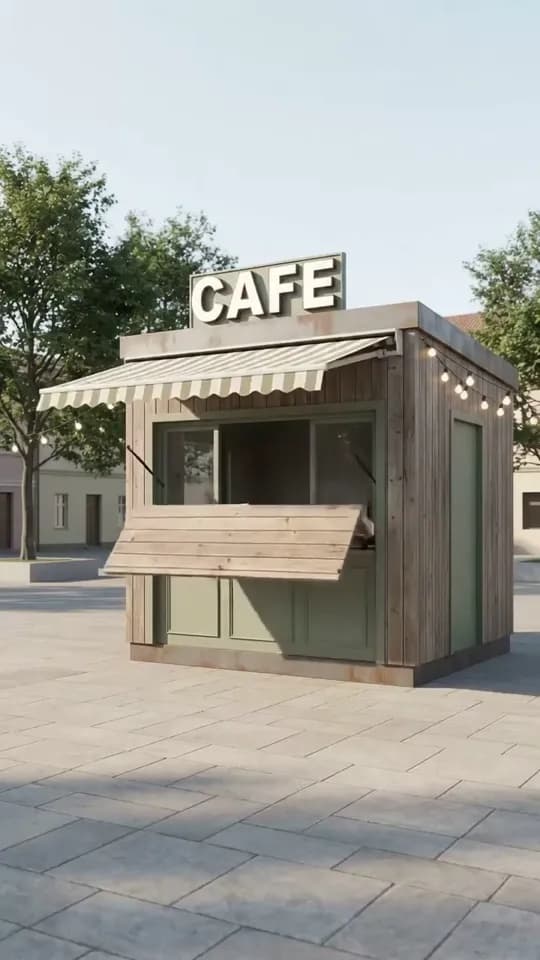 The same kiosk from the same corner with white CAFE letters on the rooftop sign, a striped green and cream awning pulled out over the front, festoon bulbs strung along the side of the roof and the timber hatch half raised above a sage-green panelled counter