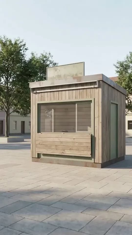 A small timber-clad kiosk on a pale stone-paved square with trees and low buildings behind, its serving hatch shut behind a timber flap, a blank weathered sign board on the roof and a sage-green door on the side, with no awning, lights or furniture