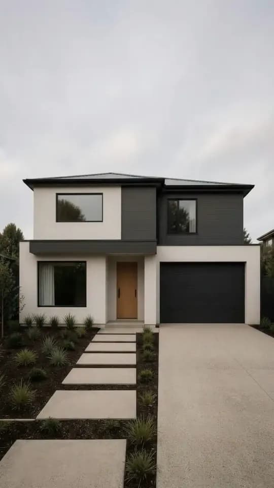 The finished two-storey house in off-white render and dark cladding, with a timber front door, a black garage door, a concrete driveway and a stepping-stone path through planted beds