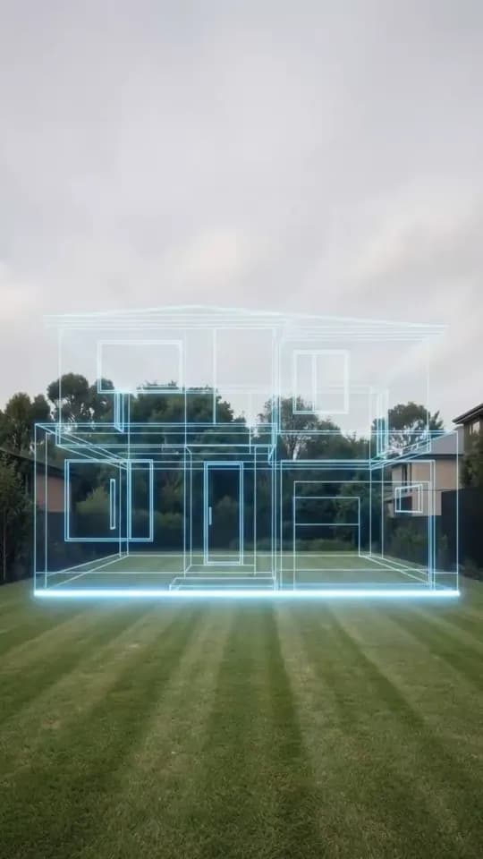 The same lawn and sky with a glowing blue wireframe of a two-storey house standing on it, its windows and front door traced in light and a bright blue line along its base