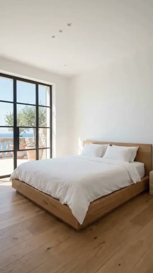 Bedroom stop: an oak platform bed in white linen on oak floorboards, beside a glass door onto a sea-view terrace