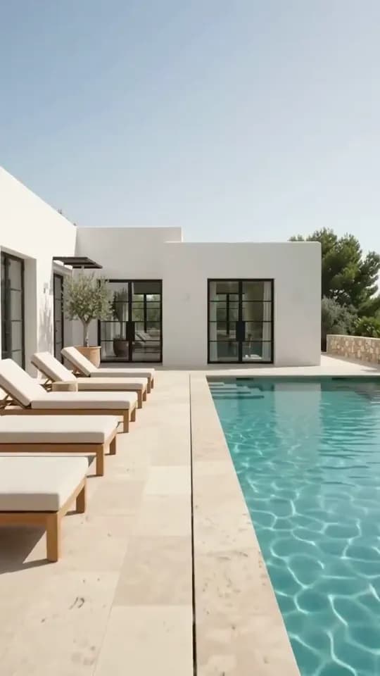 Terrace stop: a white villa beside a turquoise pool, with timber sun loungers on pale travertine paving