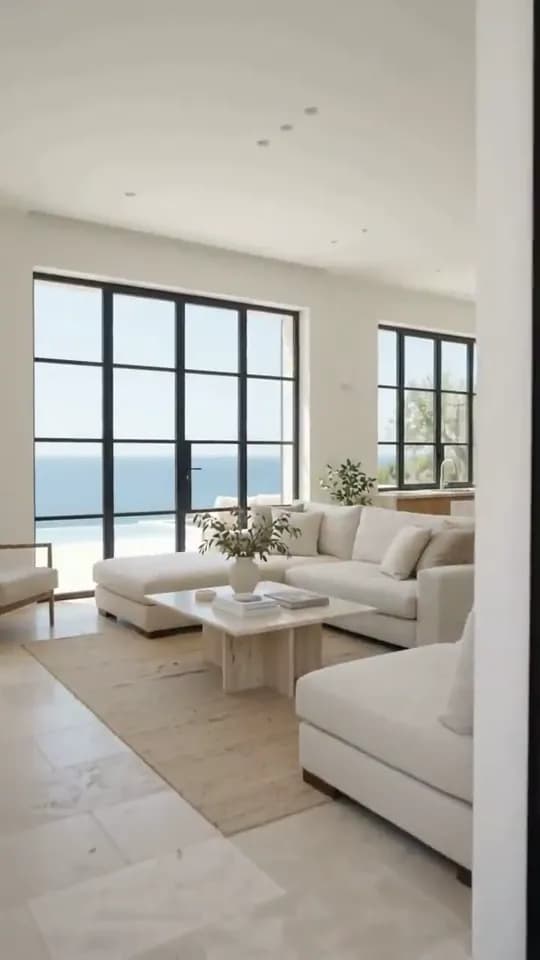 Living room stop: black steel-framed windows onto the sea, a cream sectional sofa and travertine floor tiles