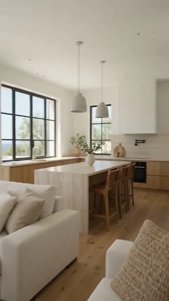 Kitchen stop: a pale stone waterfall island, woven bar stools and oak floorboards