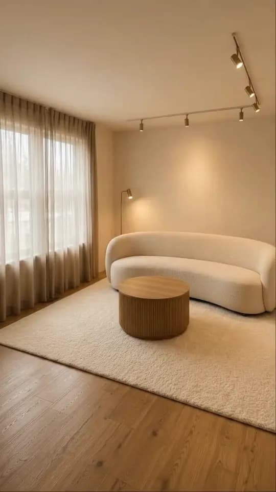 The finished render in warm light: sheer curtains drawn across the window, the curved bouclé sofa, a round fluted table on the rug, a lit floor lamp and ceiling track lights