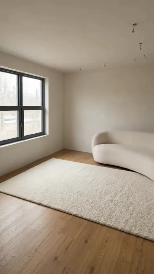 The same room mid-build: oak boards down, the walls a warmer off-white, a cream rug laid and a curved bouclé sofa at the right edge, partly out of frame, with the ceiling wires still bare