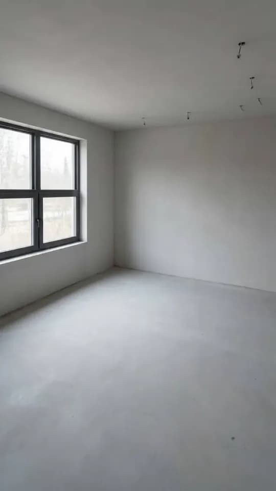 A bare room in flat grey daylight: a smooth concrete floor, unpainted plaster walls, a dark-framed four-pane window looking out on trees and small wire ends hanging from the ceiling