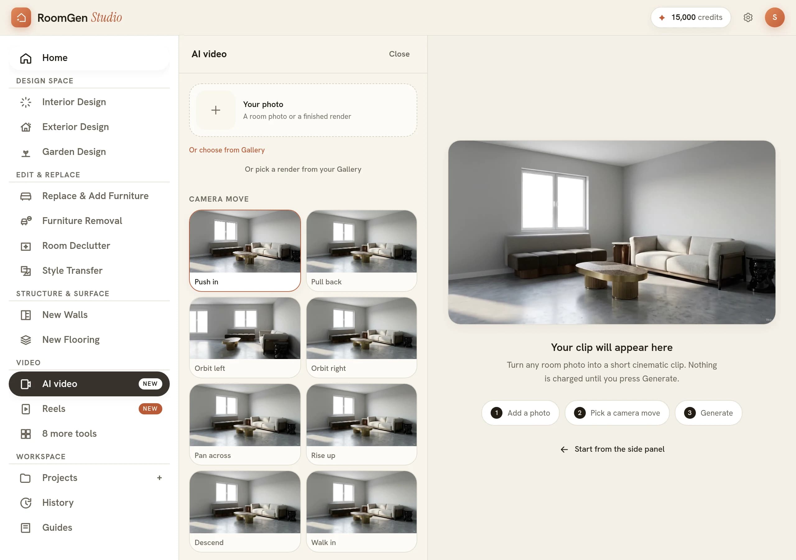 The AI video panel in RoomGen Studio with an empty Your photo upload box, a Camera move grid of eight thumbnails with Push in selected, and a preview pane headed Your clip will appear here above the numbered steps Add a photo, Pick a camera move and Generate