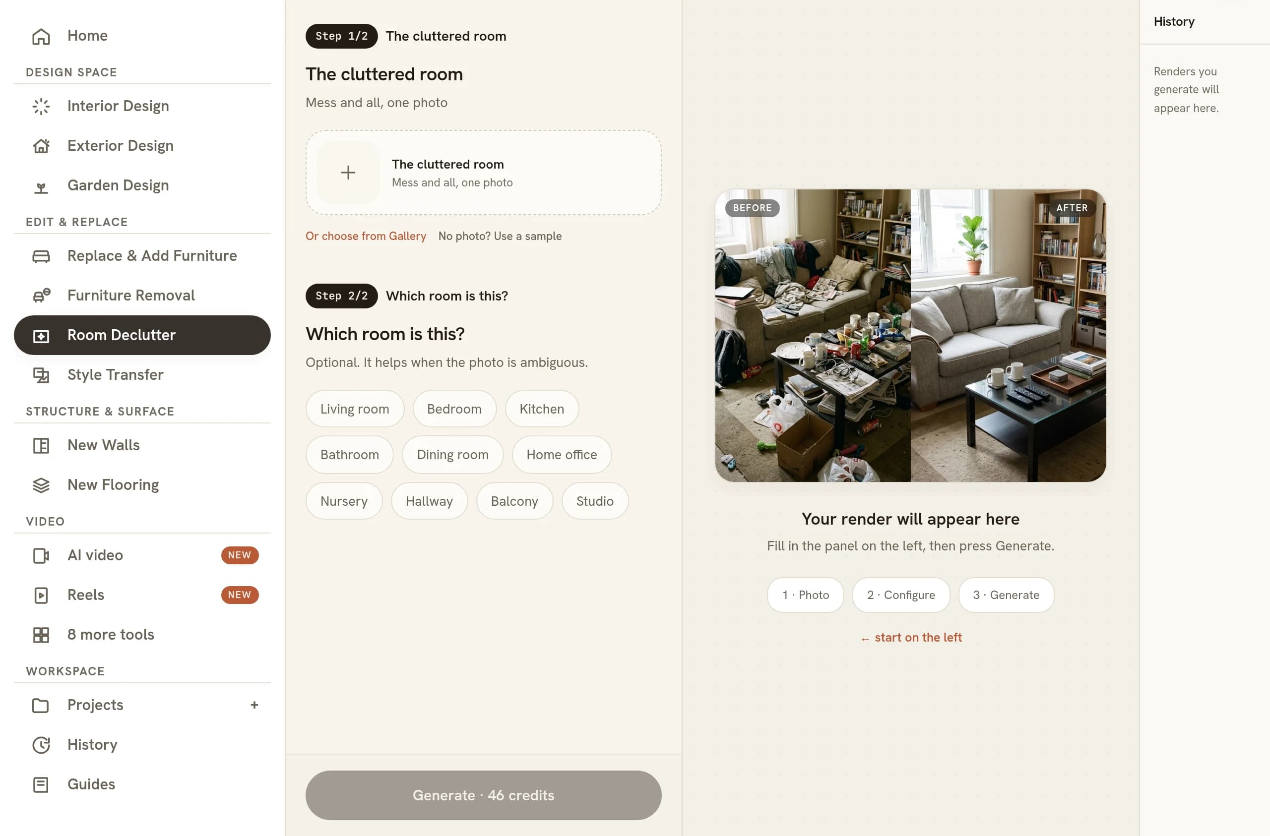The RoomGen studio with Room Declutter selected in the sidebar, showing Step 1 of 2 as an empty upload box for the cluttered room, Step 2 of 2 as optional room chips including Living room, Bedroom and Kitchen, an empty preview panel reading Your render will appear here, and a Generate button priced at 46 credits