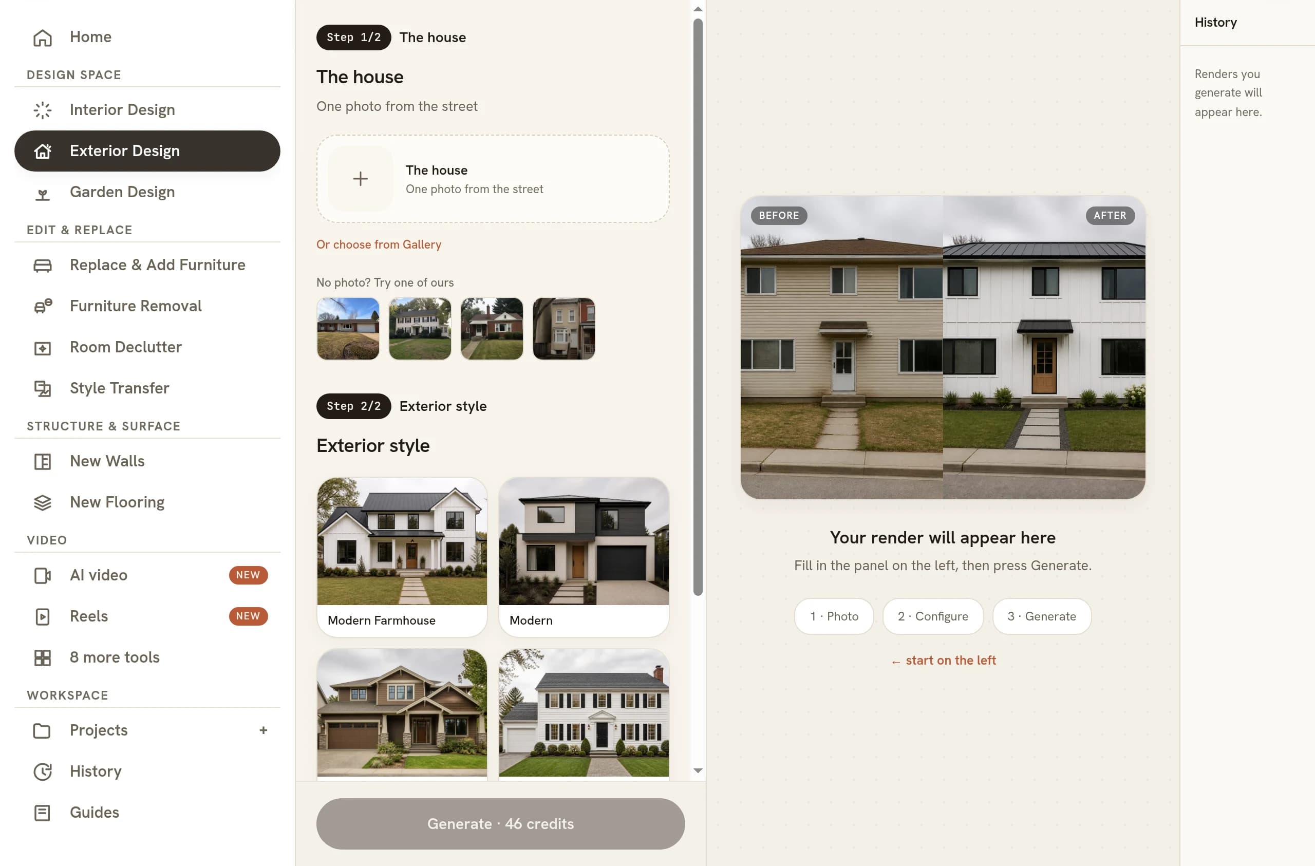 The Exterior Design tool with Step 1/2 The house at the top of the left panel, an empty upload box above four sample house thumbnails, Step 2/2 Exterior style below it showing Modern Farmhouse and Modern cards, a greyed Generate button priced at 46 credits, and an empty preview on the right with Photo, Configure and Generate pills