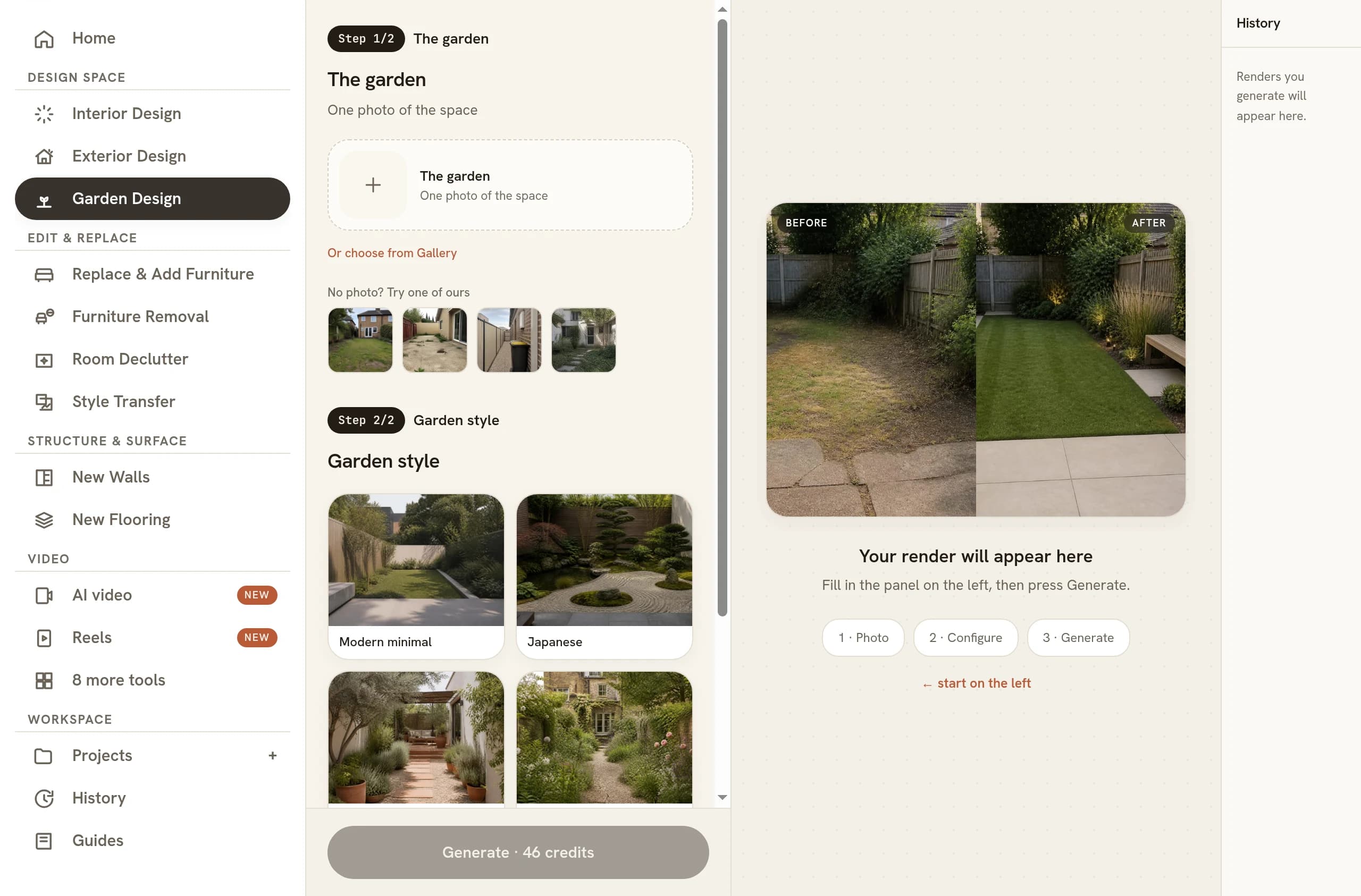 The Garden Design tool open in the studio, with Step 1/2 The garden showing an empty upload slot above four sample photos, Step 2/2 Garden style showing Modern minimal and Japanese preset tiles, and a Generate button reading 46 credits at the foot of the panel