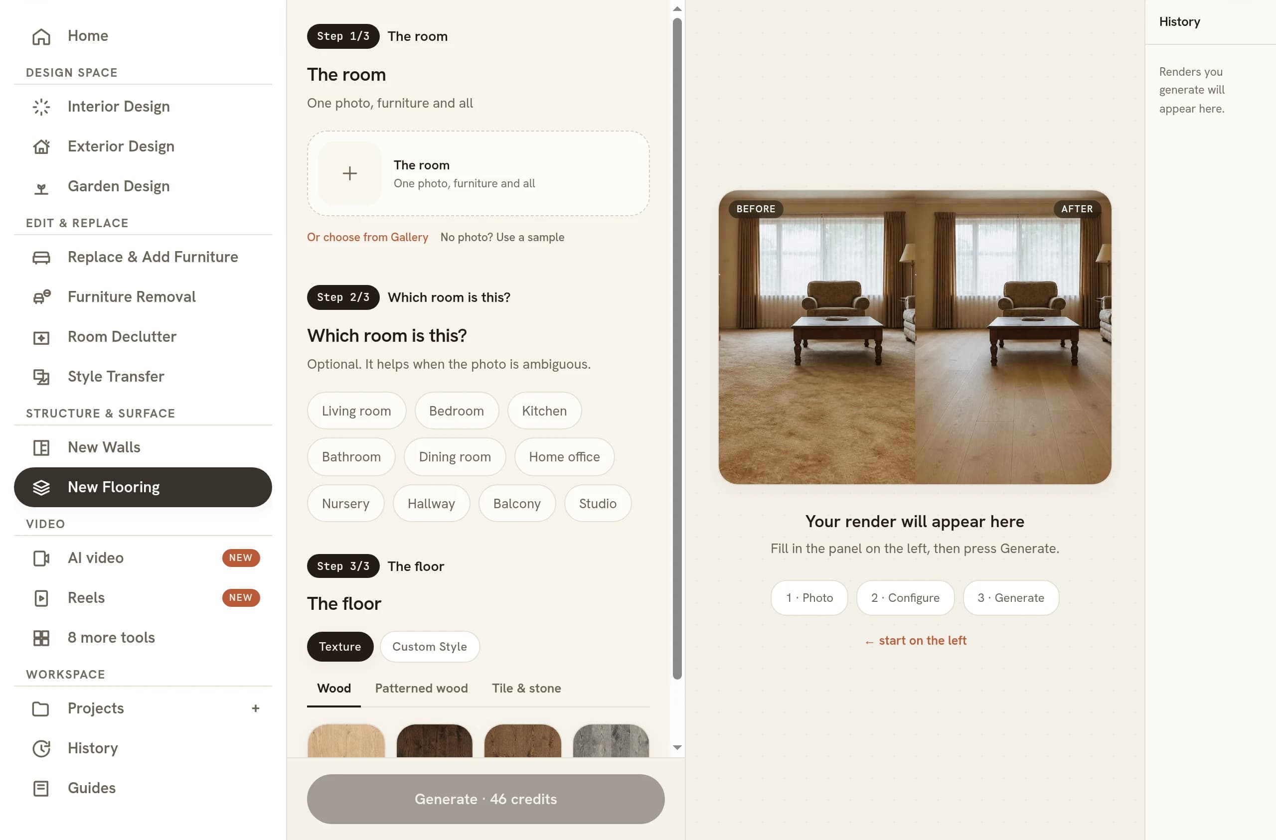 The New Flooring tool open in the studio, with step 1 of 3 an empty photo upload box, step 2 of 3 a row of room type chips from Living room to Studio, and step 3 of 3 set to Texture with Wood, Patterned wood and Tile & stone swatch tabs, above a Generate button reading 46 credits