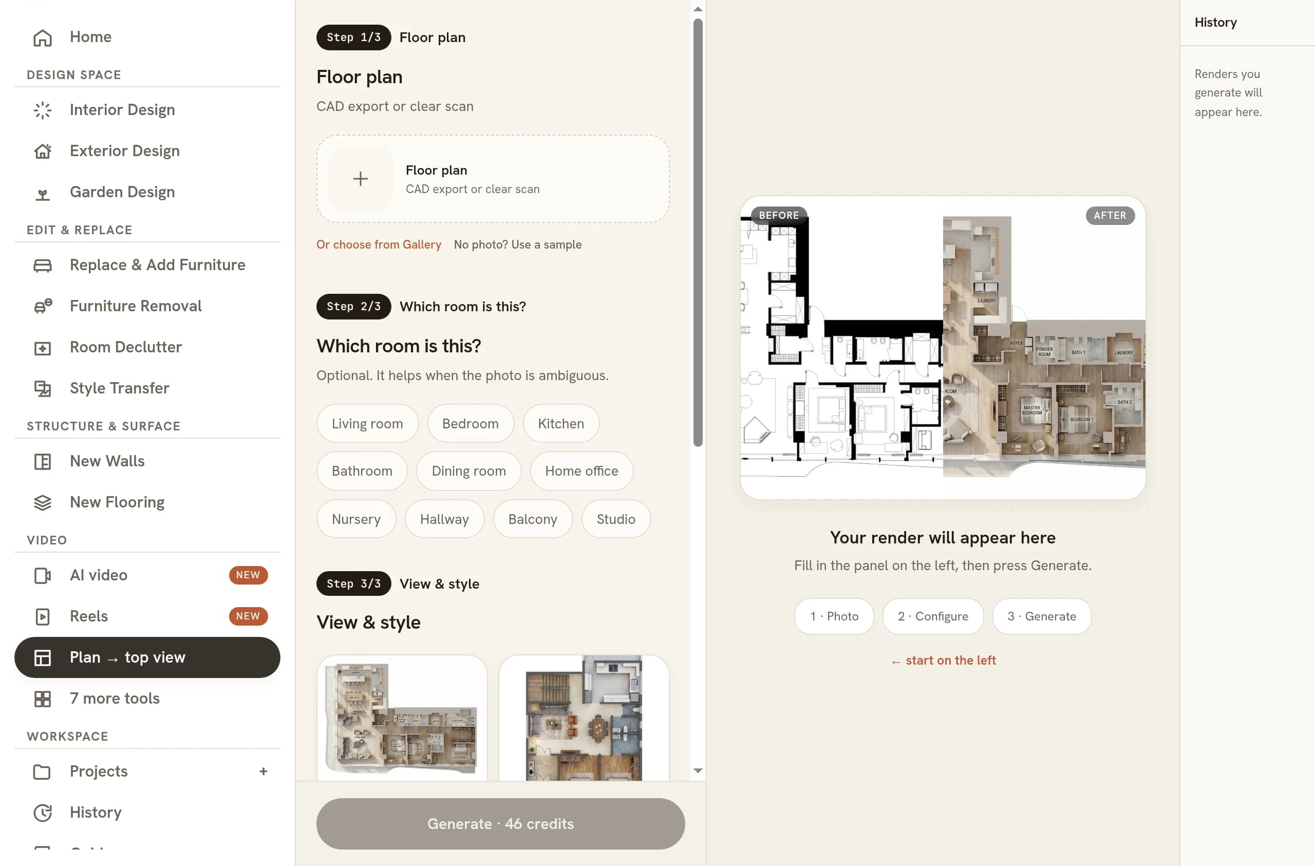 The Plan to top view tool selected in the RoomGen sidebar, with the panel showing Step 1/3 Floor plan and its empty upload slot marked CAD export or clear scan, Step 2/3 Which room is this with room chips such as Living room and Kitchen, Step 3/3 View and style thumbnails, a dimmed Generate 46 credits button, and an empty preview area reading Your render will appear here