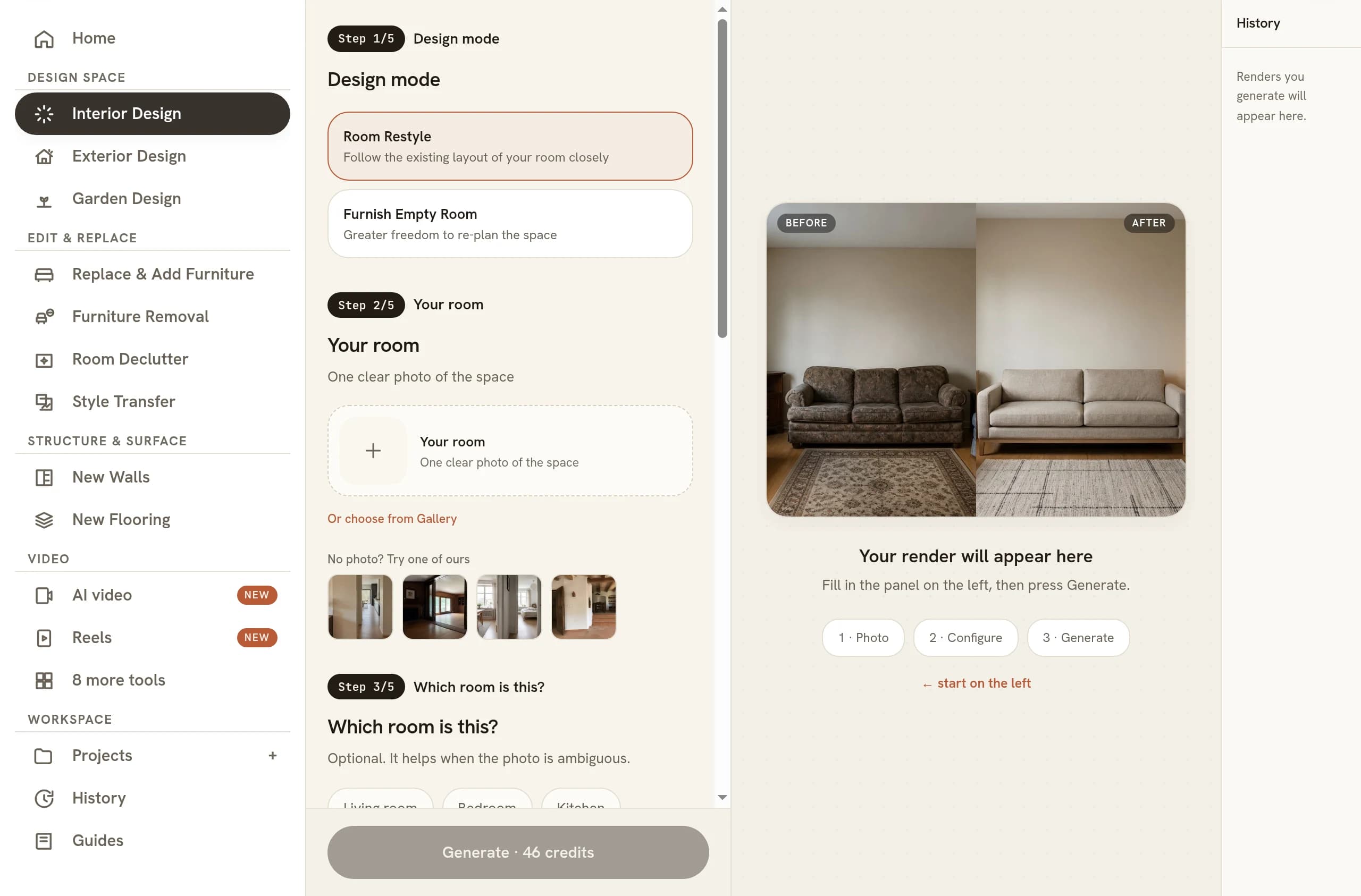 The Interior Design tool with Step 1 of 5, Design mode, showing Room Restyle selected above Furnish Empty Room, Step 2 of 5 waiting for a photo of the room, and a Generate button priced at 46 credits