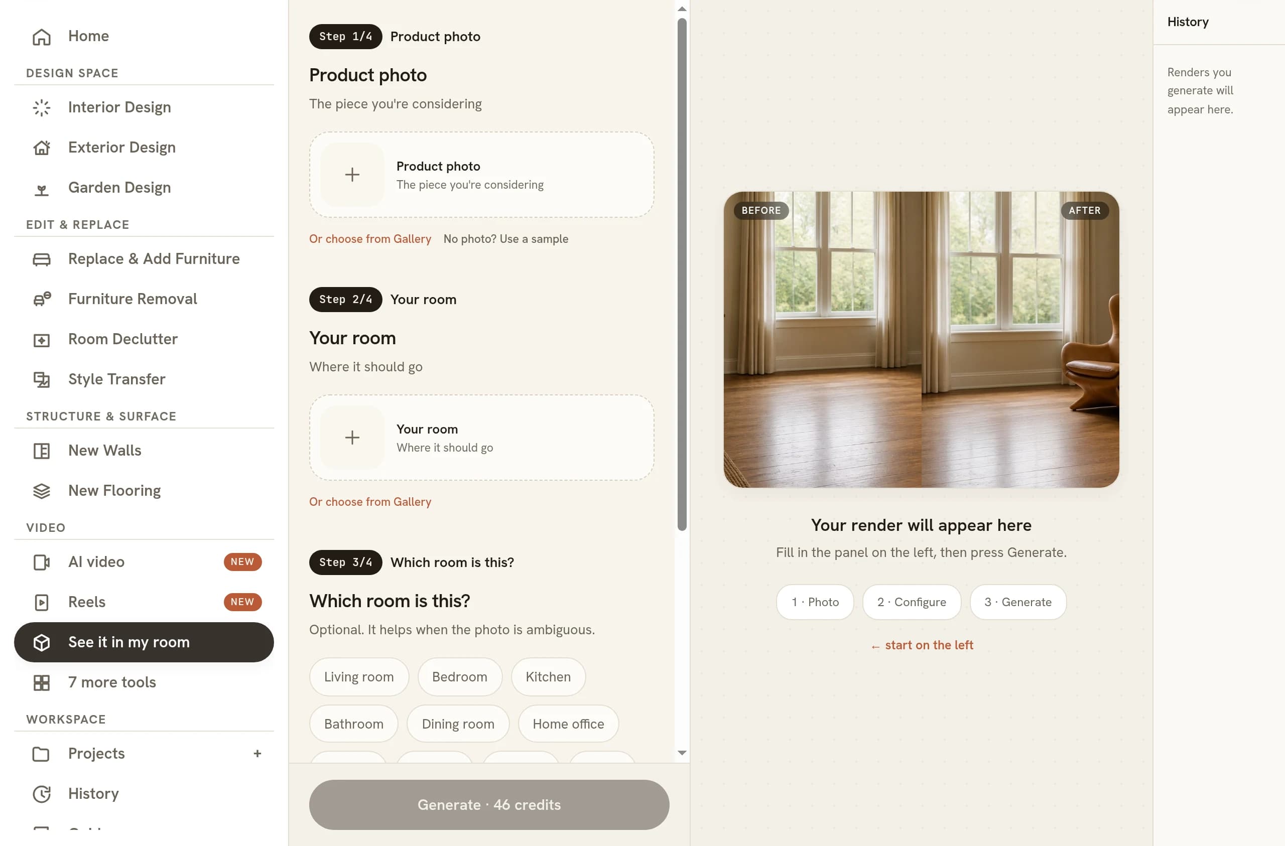The See it in my room panel with an empty Step 1/4 Product photo slot above an empty Step 2/4 Your room slot, an optional Step 3/4 room type question with Living room, Bedroom and Kitchen chips, and a Generate button reading 46 credits