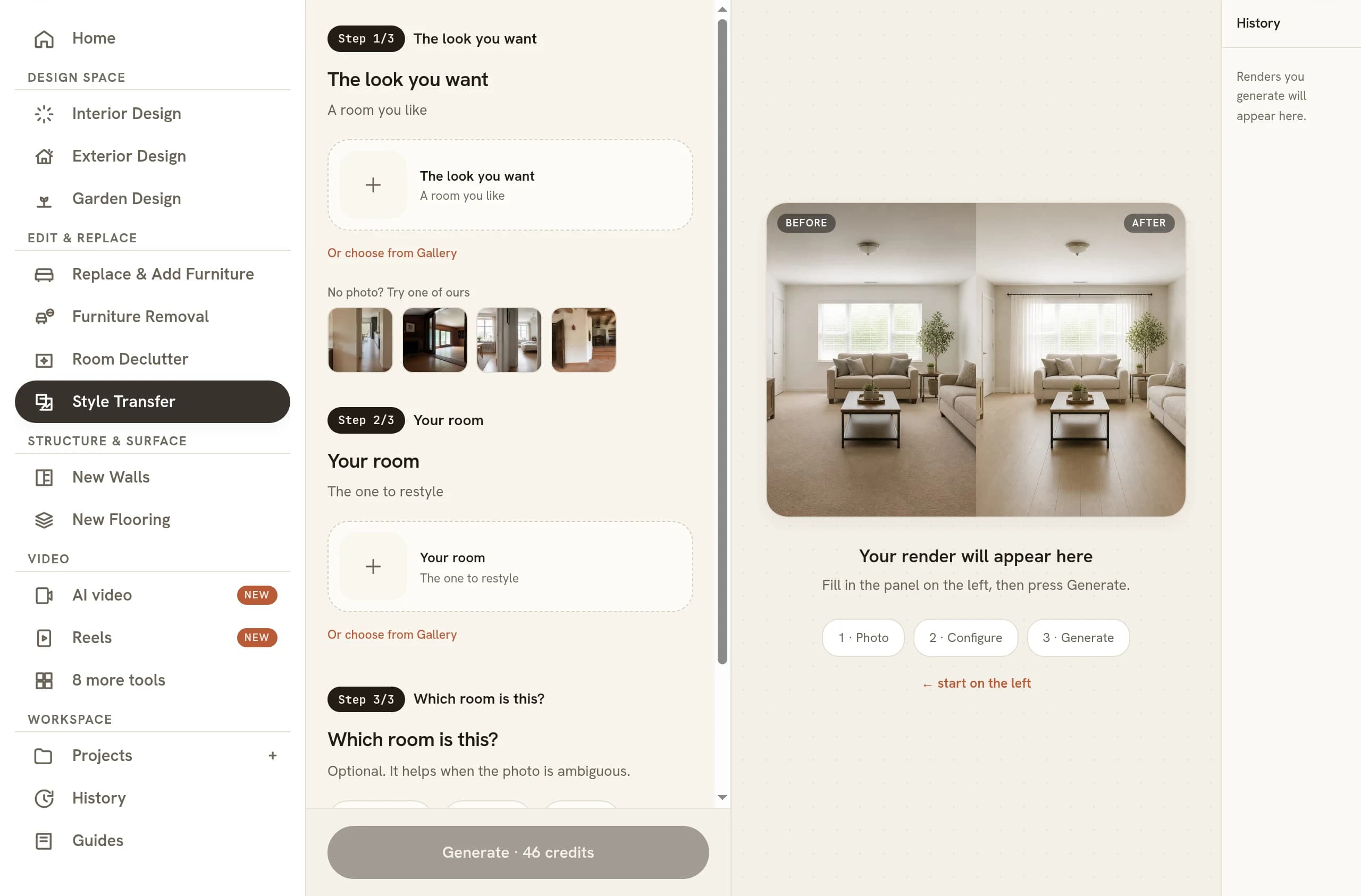 The Style Transfer panel with both upload slots still empty: Step 1/3 The look you want, Step 2/3 Your room, an optional Step 3/3 Which room is this, and a Generate button priced at 46 credits, beside an empty preview reading Your render will appear here