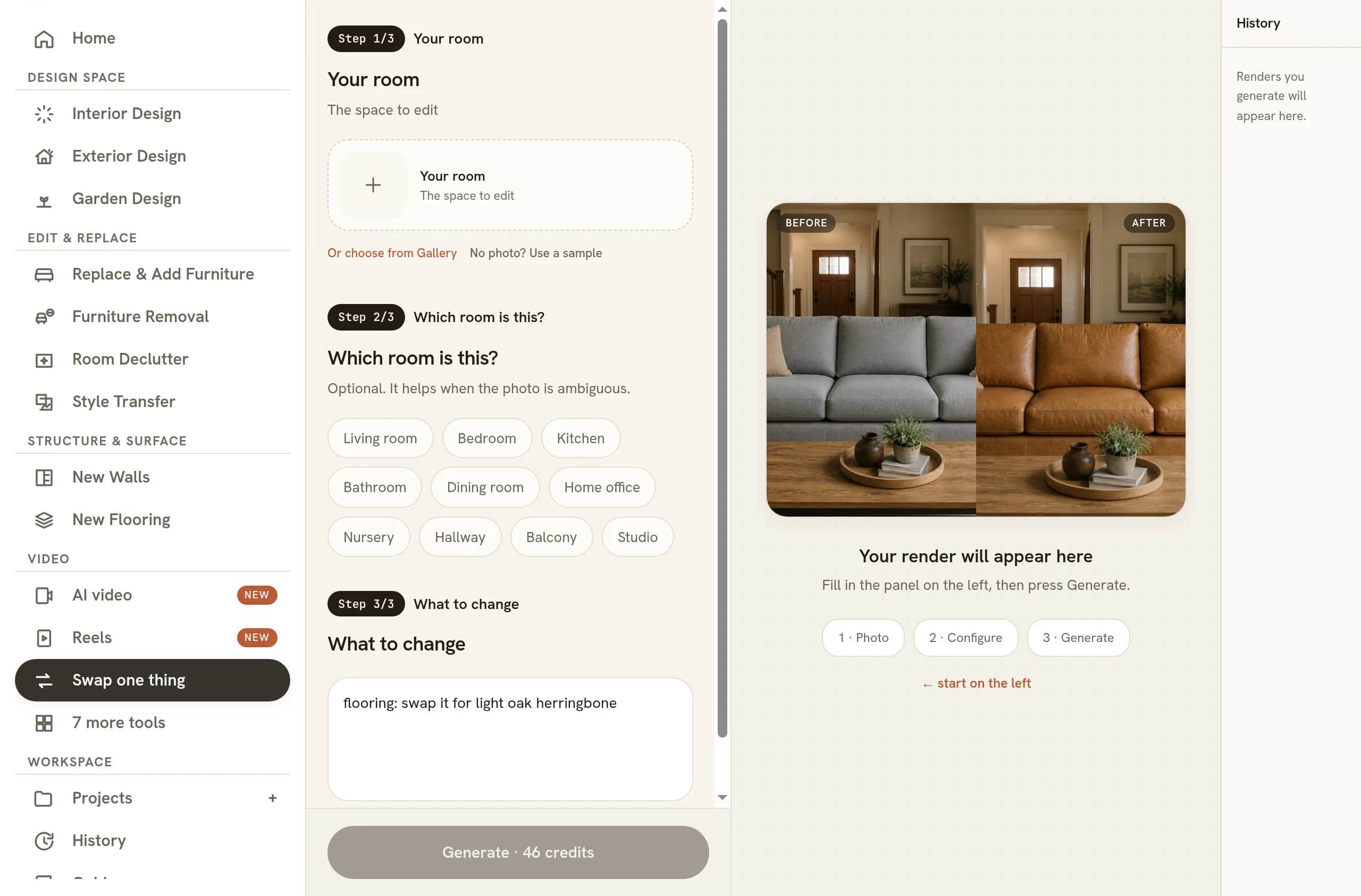 The Swap one thing tool open with its three steps stacked in one panel: Your room with an empty photo slot, Which room is this? with room-type chips from Living room to Studio, and a field for naming the single item to change, above a Generate button