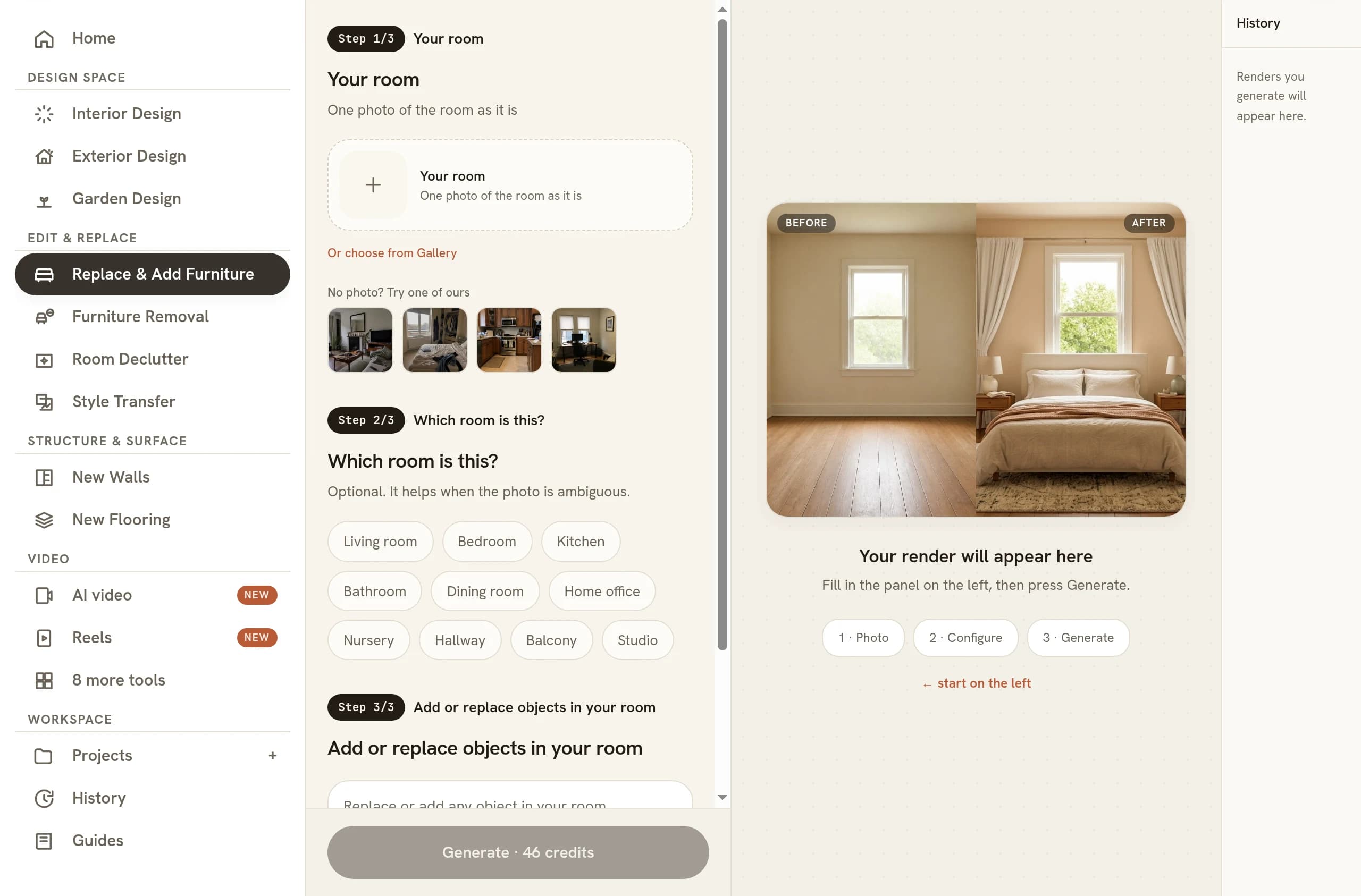 The Replace & Add Furniture panel open on three steps, Your room with a photo drop area and four sample rooms, Which room is this with room type chips from Living room to Studio, and Add or replace objects in your room with a text field, above a Generate button and an empty preview pane