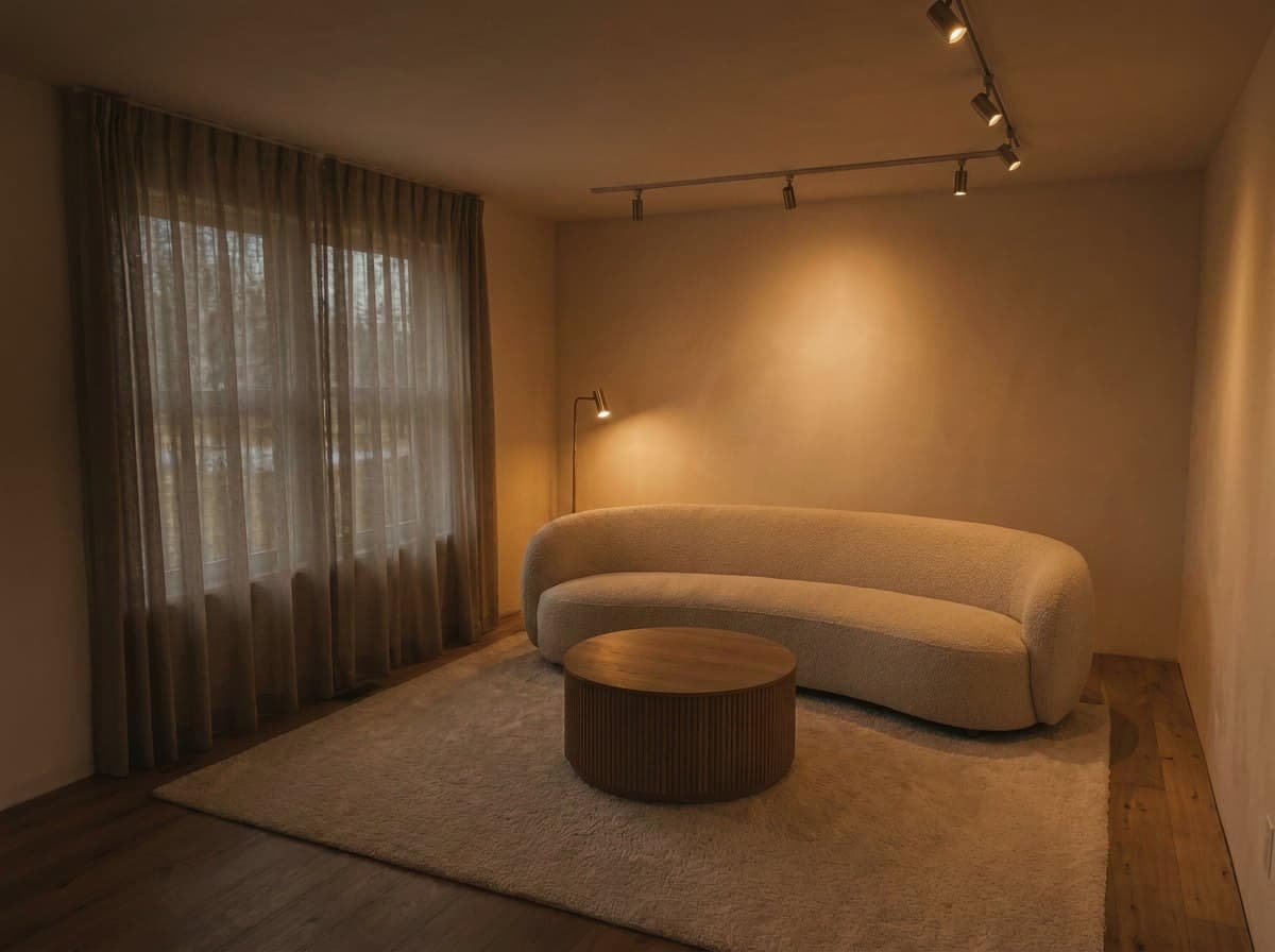 The same living room after dark, lit by a floor lamp and ceiling track heads against a dim window