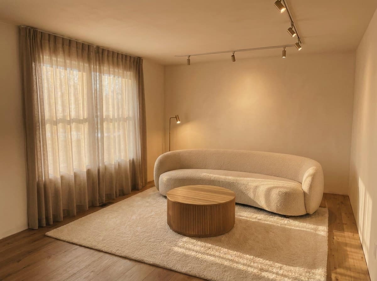 The same living room with warm low sun casting long window-shaped bars of light across the rug and sofa
