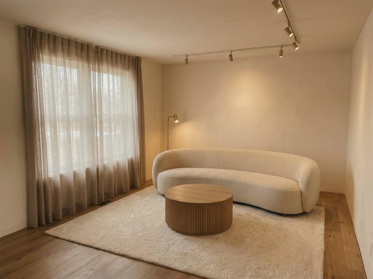 Living room under soft low-contrast light, the window a flat pale panel behind sheer curtains