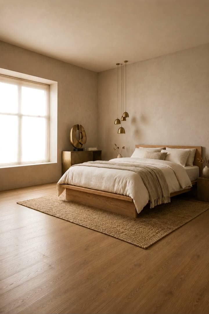 Vertical frame of a bedroom with a low bed, warm lamplight and a timber wall