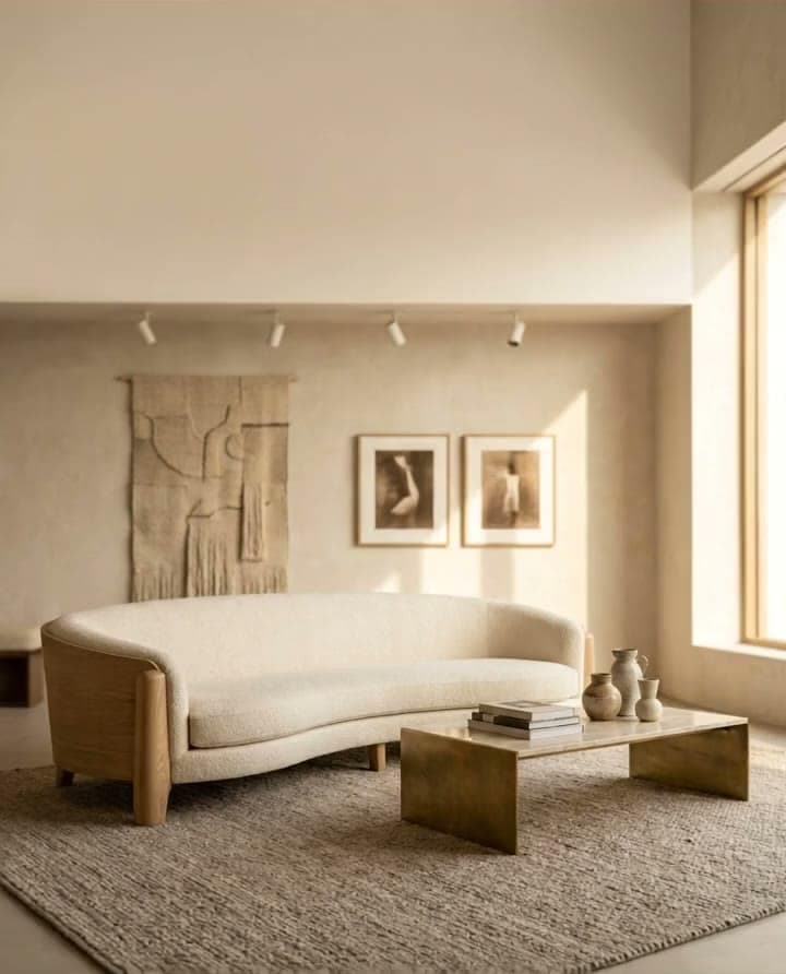 Vertical frame of a living room with a pale sofa and framed art above it