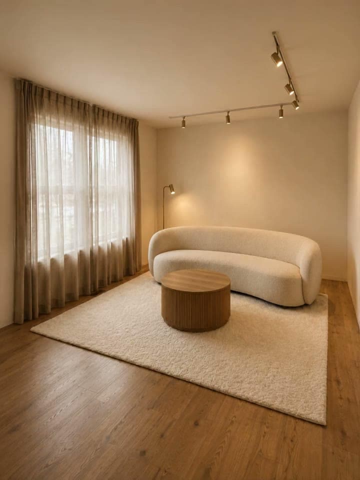 Vertical frame of a room shot toward tall curtains and a low bench seat
