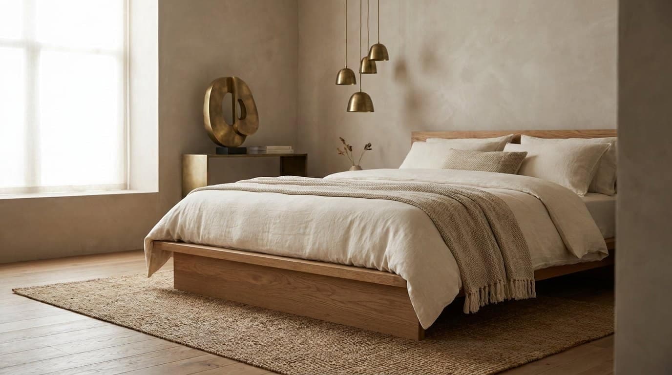 Bedroom render with an oak platform bed, linen bedding, a jute rug and a cluster of brass pendant lights