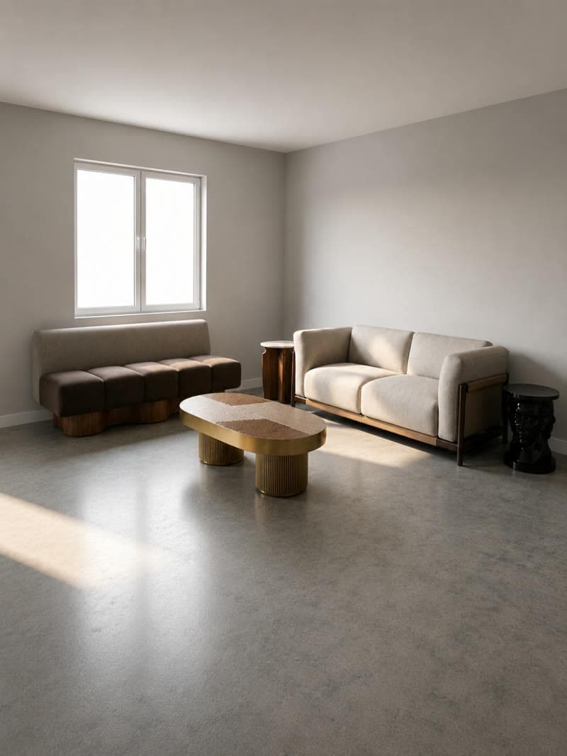 Living room render with a cream sofa, a leather bench under the window and a brass and travertine coffee table on polished concrete
