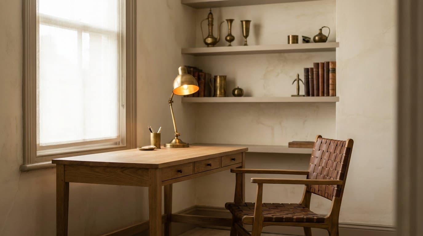 Study render with a timber desk beside a curtained window, a woven leather chair and shelves of brassware and bound books