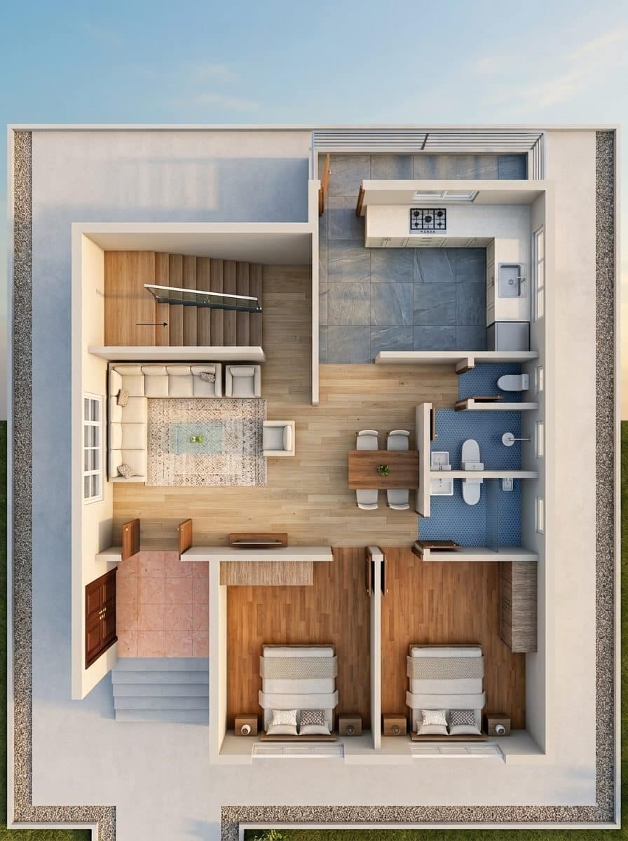 Photoreal top-down render of the same apartment in daylight, with wall thickness, floor finishes and shadows