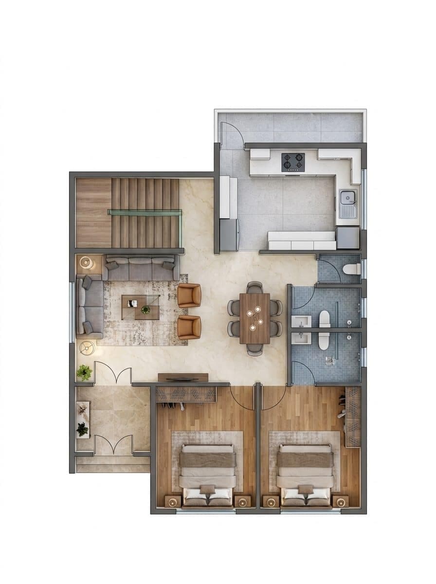 Flat color top-down plan of a two-bedroom apartment showing living room, kitchen, dining table, two beds and bathrooms
