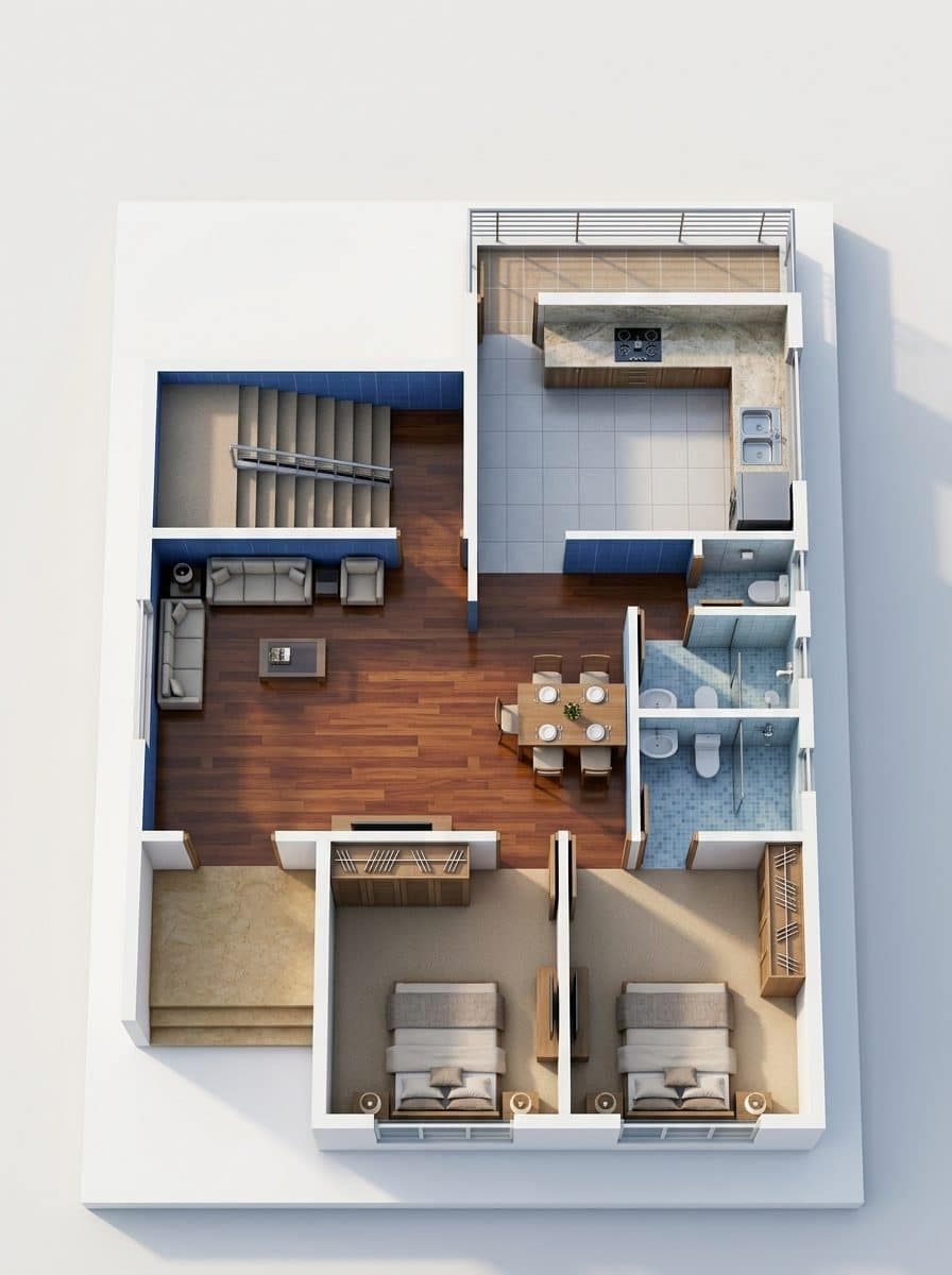 Isometric cutaway of the same two-bedroom apartment with walls raised and rooms visible from above