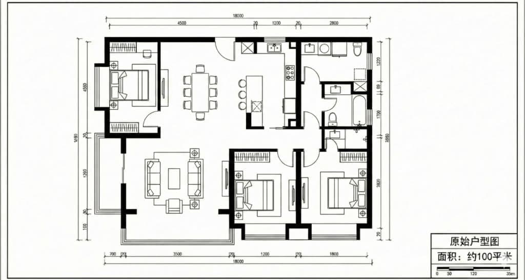 2D CAD floor plan of a 1,100 square foot apartment with dimension strings along the top and left edges, hatched walls and door swing arcs