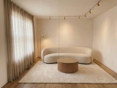 Furnished living room seen at standing eye height, square on to the far wall