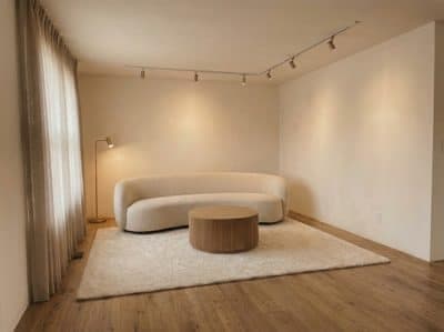 The same furnished living room seen head on, with the sofa centered