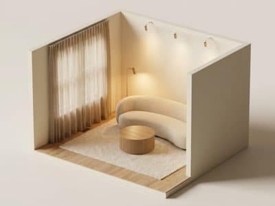 The same living room as a dollhouse box with two walls cut away, seen from a corner above