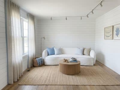 The same room with a white slipcovered sofa, shiplap walls and a jute rug