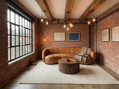 The same room with exposed brick walls, timber beams, pendant bulbs and a tan leather sofa