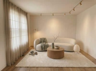 Living room with a cream boucle sofa, pale plaster walls and a round oak table on an oak floor