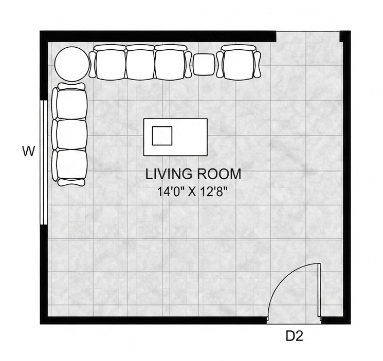 The living room floor plan, 14 by 12.8 feet, with a sectional sofa and coffee table placed